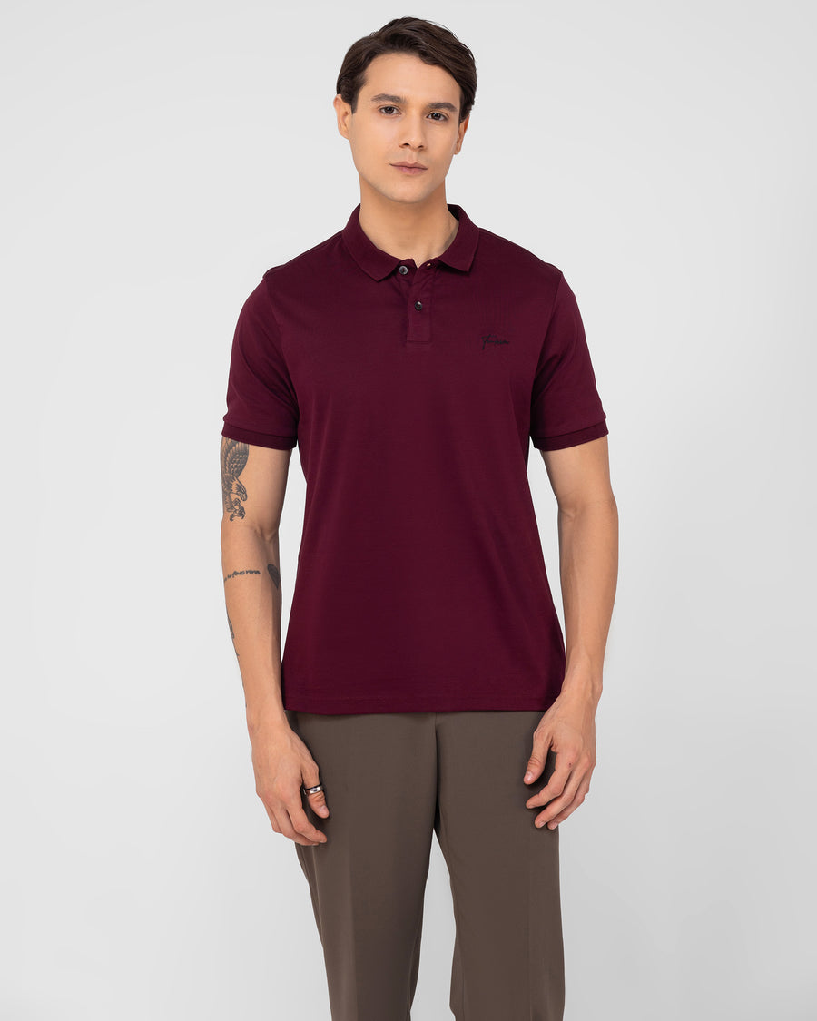 Merlot Burgundy Mercerised Luxury Cotton Interlock Men's Regular Fit Polo T-Shirt with Solid Polo