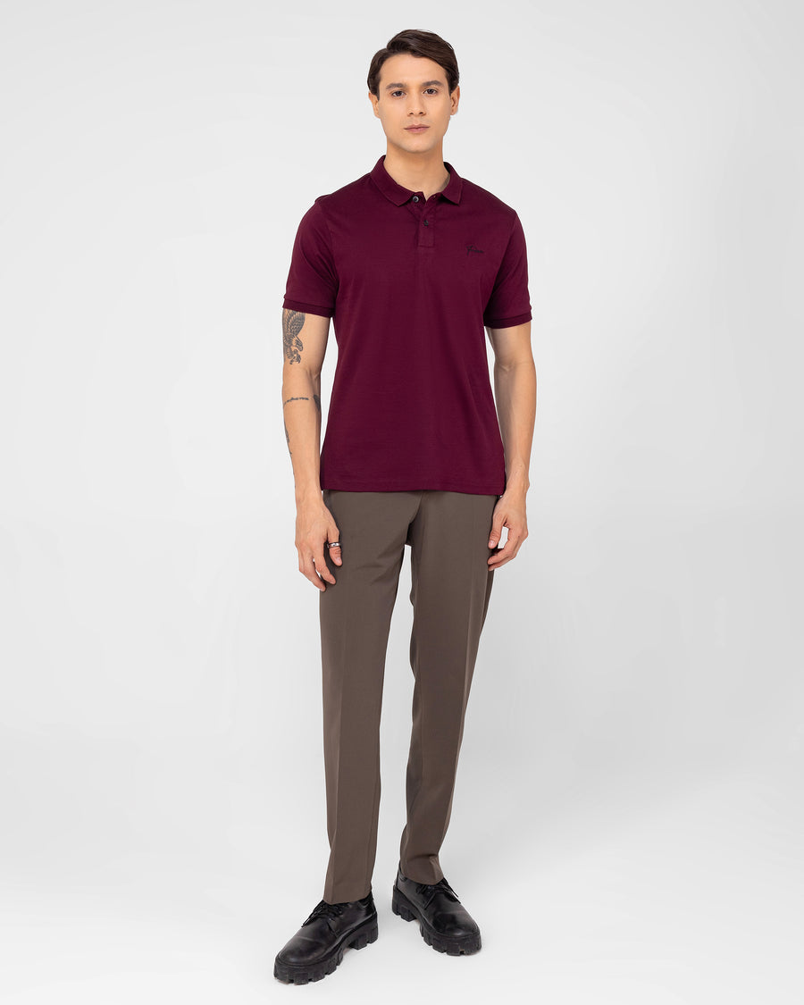 Burgundy Wine Mercerised Premium Cotton Interlock Men's Regular Fit Polo T-Shirt with Broad Placket