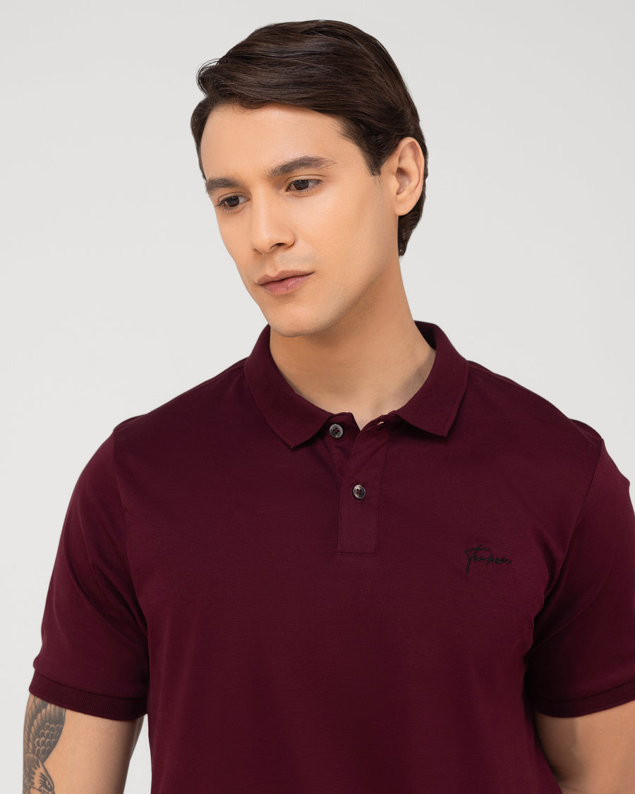 Deep Red Mercerised Premium Cotton Interlock Men's Regular Fit Polo Shirt with Box Placket