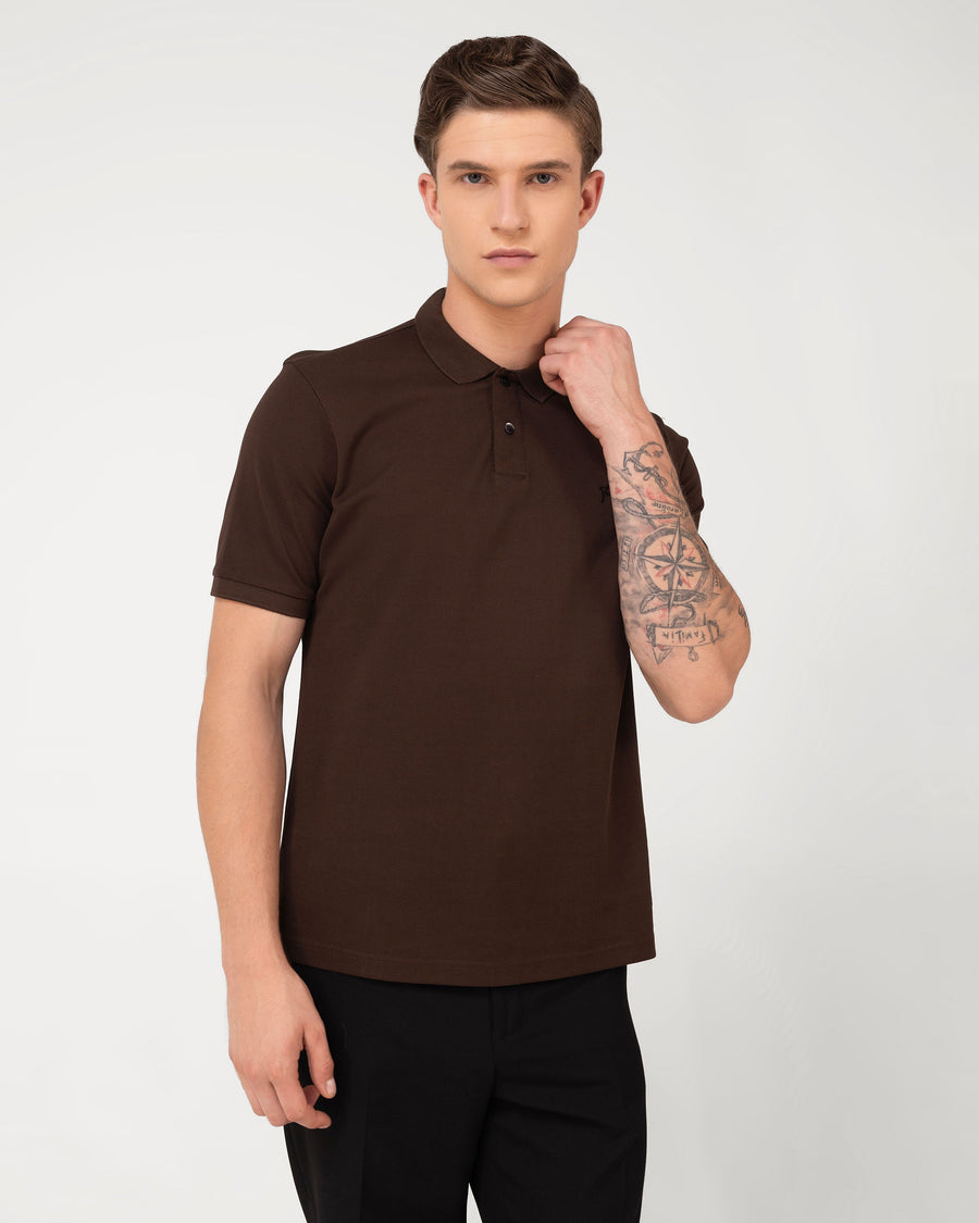 Deep Brown Mercerised Luxury Cotton Piqué Men's Regular Fit Polo T-Shirt with Solid Polo