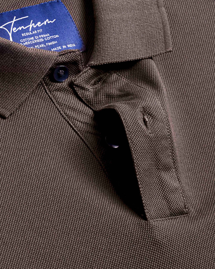Brown Mercerised Luxury Cotton Piqué Men's Regular Fit Polo T-Shirt with Classic Placket