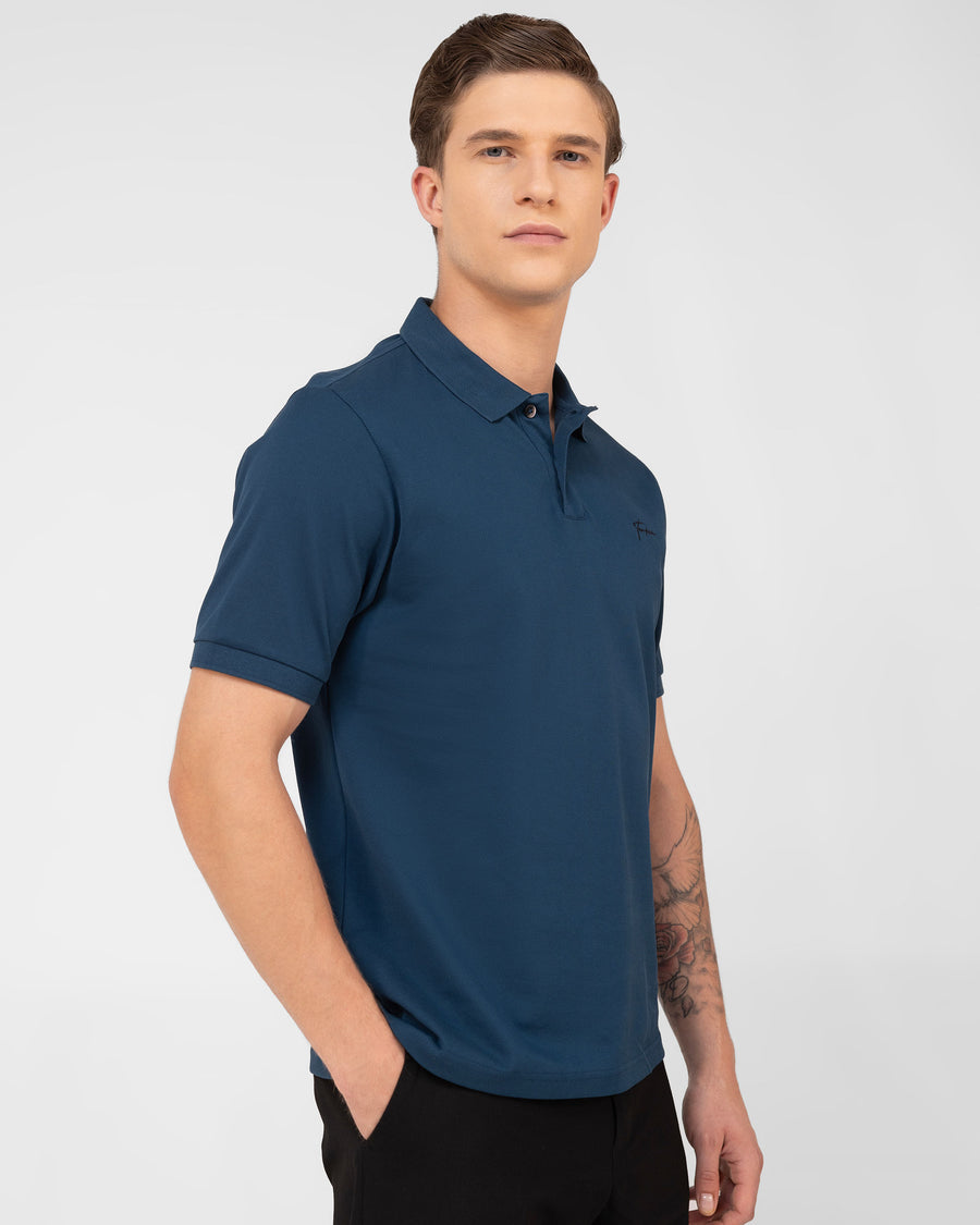 Teal Blue Mercerised Luxury Cotton Piqué Men's Regular Fit Polo T-Shirt with Broad Placket