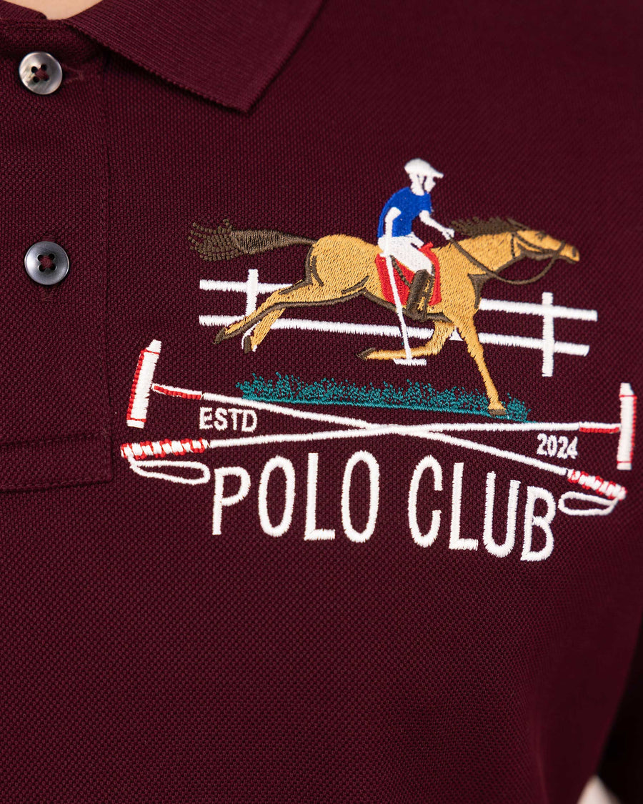 Merlot Burgundy Mercerised Premium Cotton Piqué Men's Regular Fit Embroidered Polo T-Shirt with Solid Polo