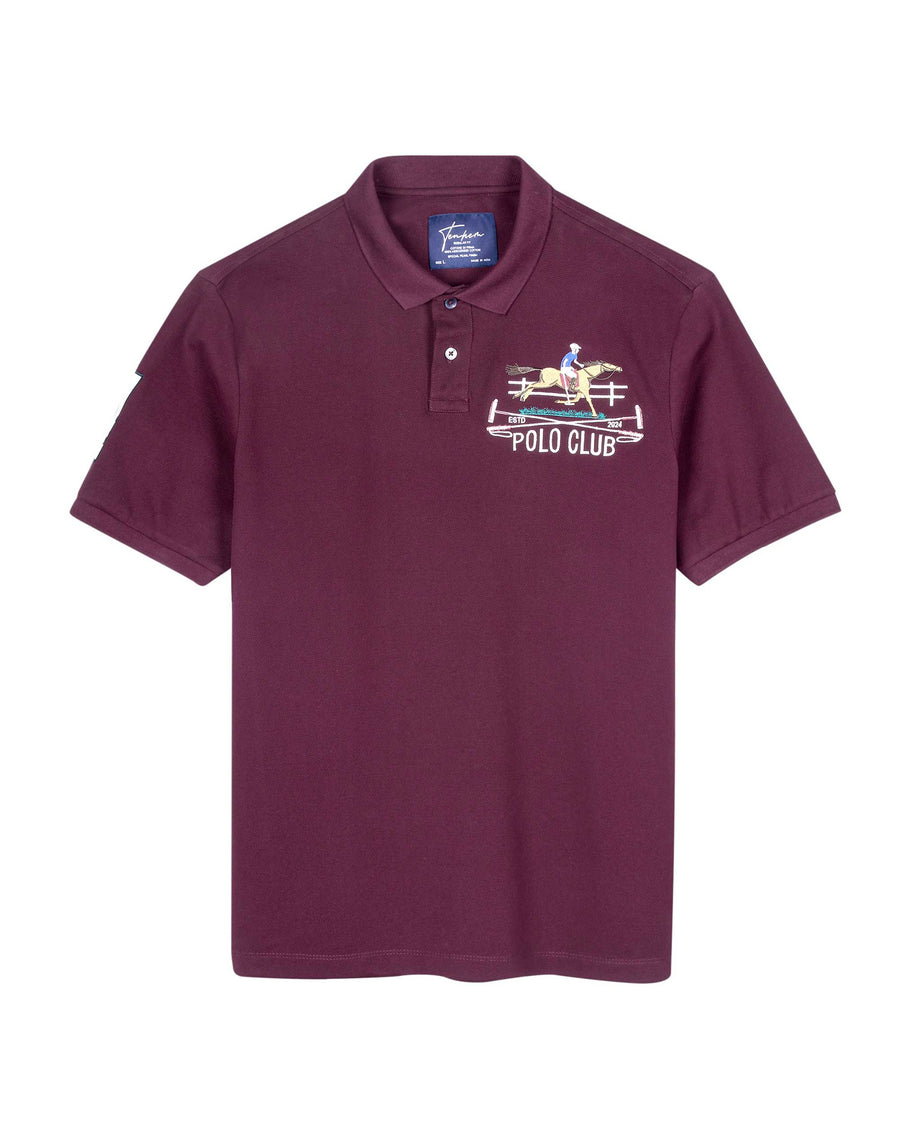 Deep Red Mercerised Luxury Cotton Piqué Men's Regular Fit Embroidered Polo T-Shirt with Box Placket