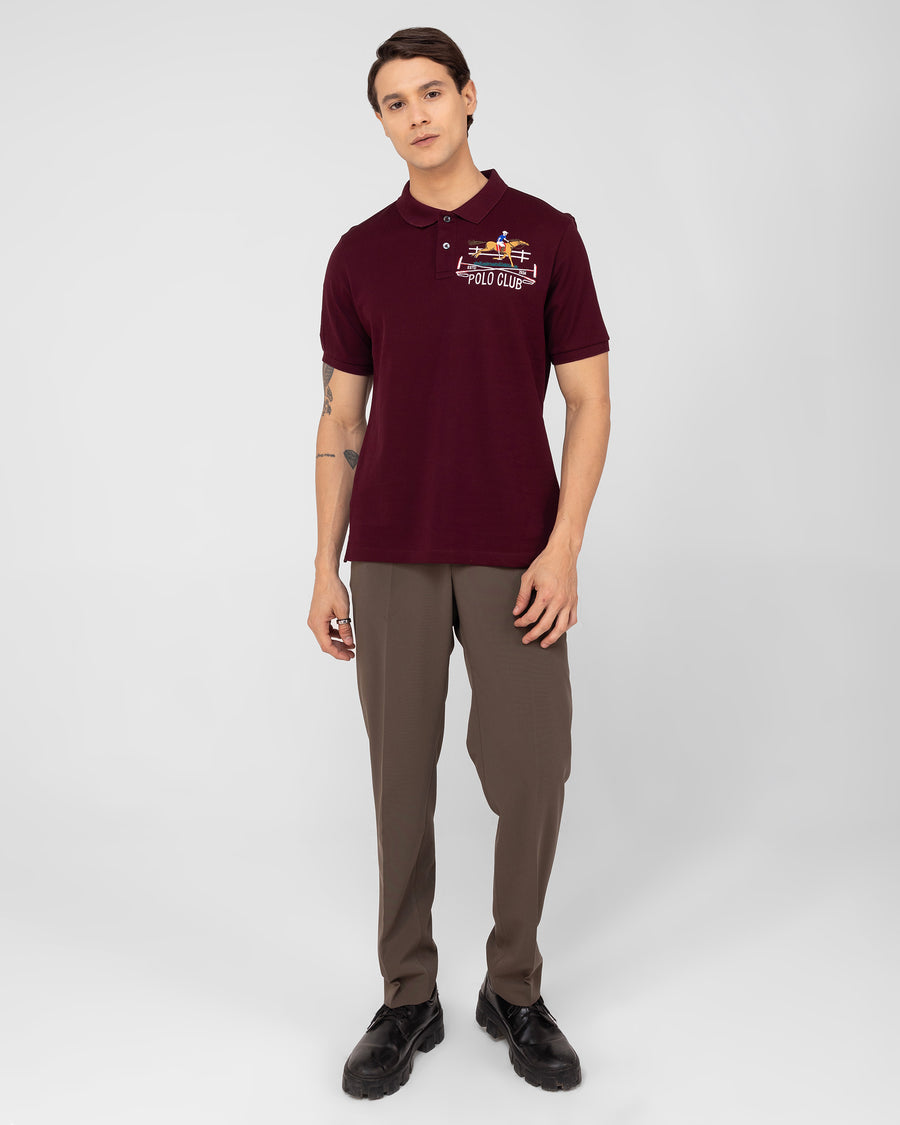 Burgundy Wine Mercerised Luxury Cotton Piqué Men's Regular Fit Embroidered Polo T-Shirt with Broad Placket