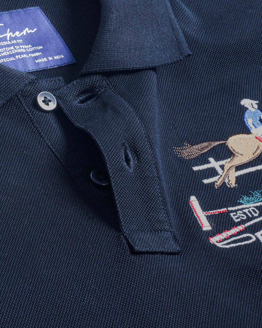 Dark Navy Mercerised Luxury Cotton Piqué Men's Regular Fit Embroidered Polo Shirt with Classic Placket