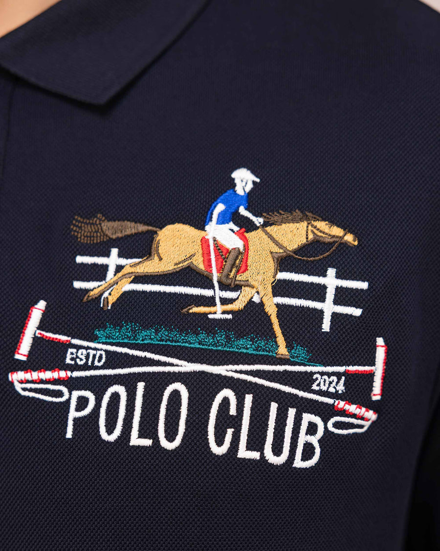 Navy Mercerised Premium Cotton Piqué Men's Regular Fit Embroidered Polo T-Shirt with Broad Placket