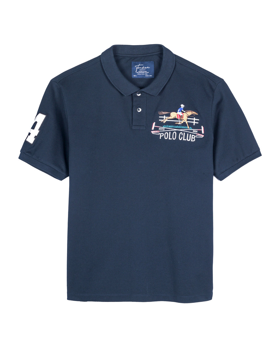 Dark Navy Mercerised Luxury Cotton Piqué Men's Regular Fit Embroidered Polo Shirt with Classic Placket