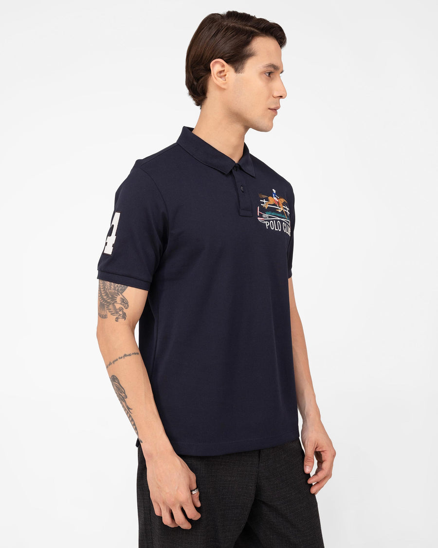 Midnight Navy Mercerised Luxury Cotton Piqué Men's Regular Fit Embroidered Polo T-Shirt with Solid Polo