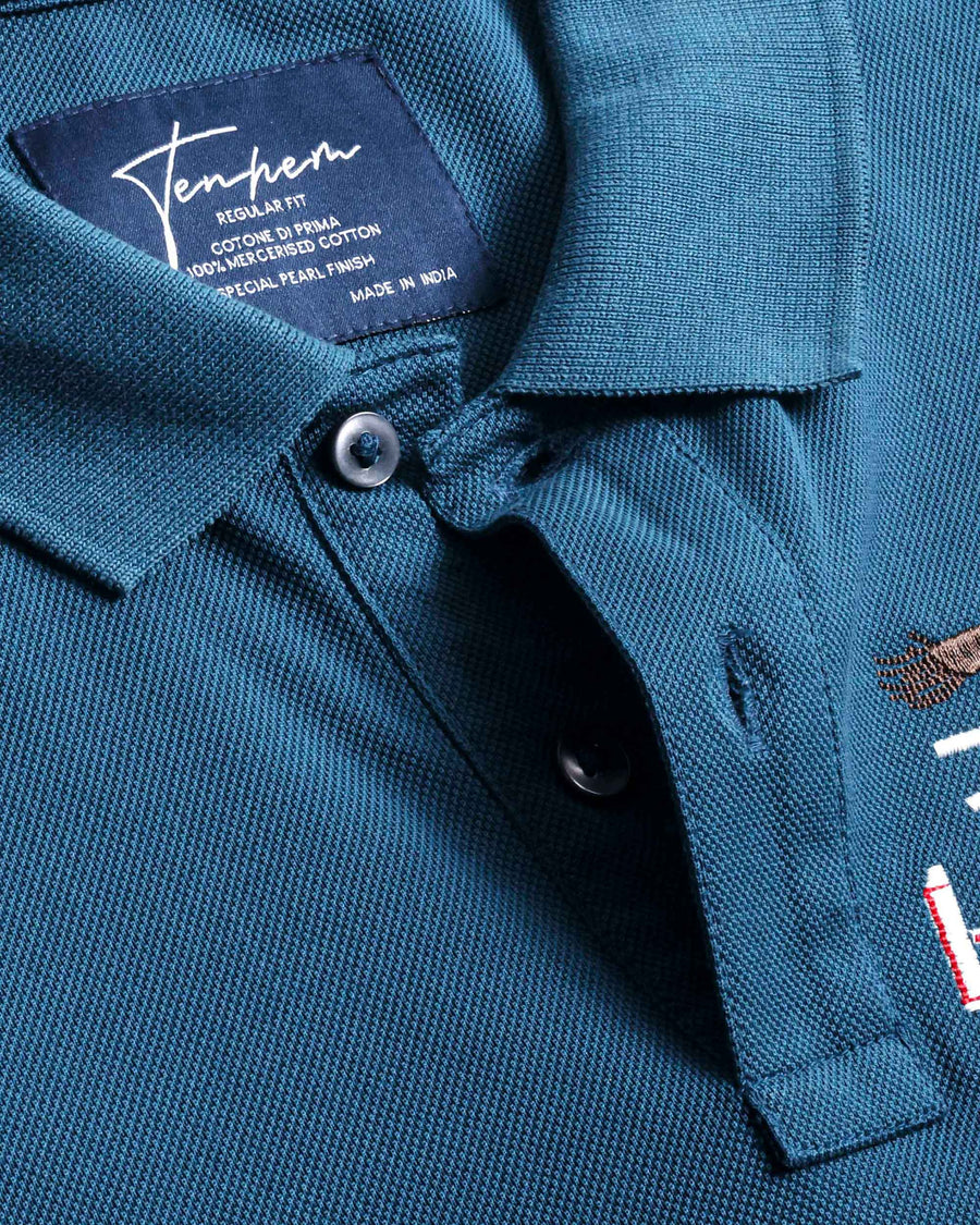 Deep Teal Mercerised Luxury Cotton Piqué Men's Regular Fit Embroidered Polo T-Shirt with Classic Placket