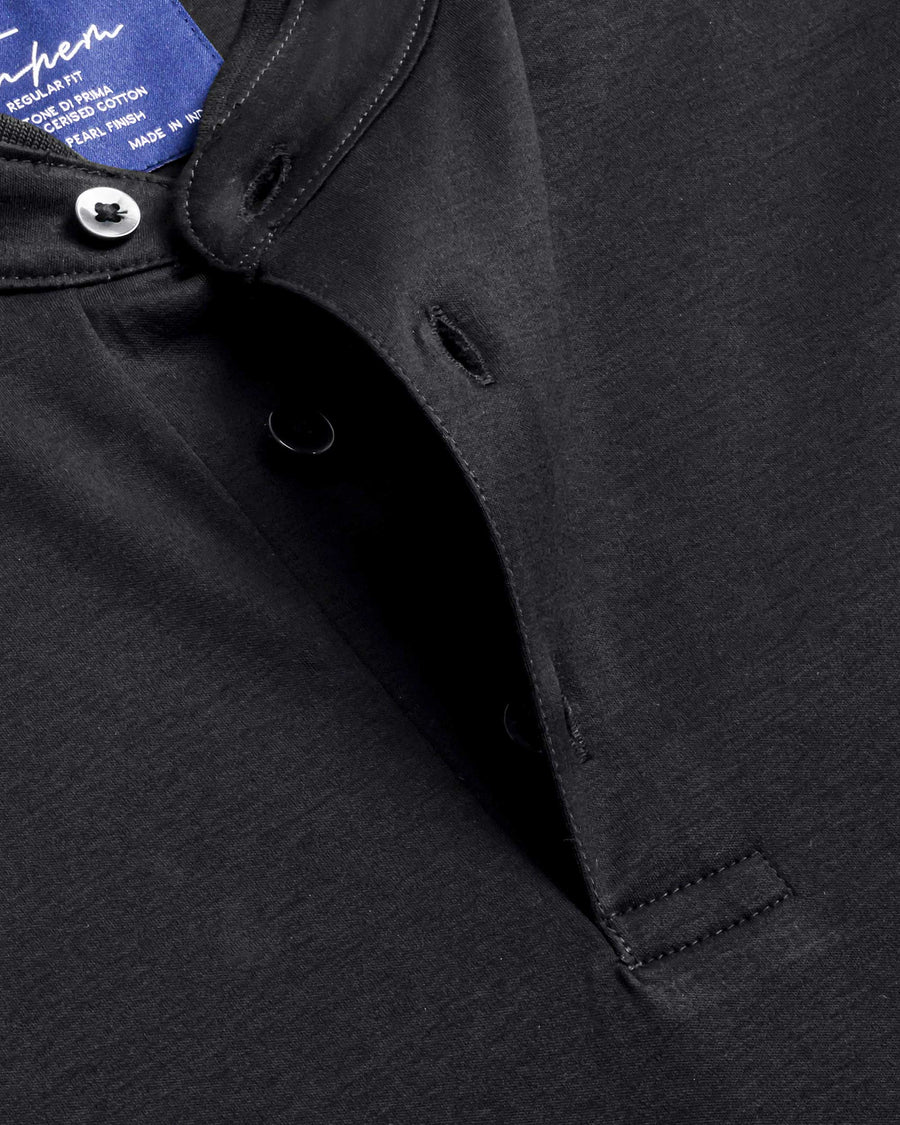 Peppercorn Black Mercerised Premium Cotton Interlock Men's Regular Fit Polo T-Shirt with Mandarin Collar
