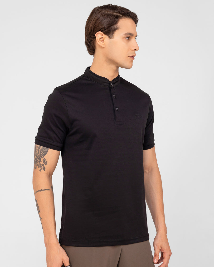 Butter Black Mercerised Luxury Cotton Interlock Men's Regular Fit Polo T-Shirt with Nehru Collar