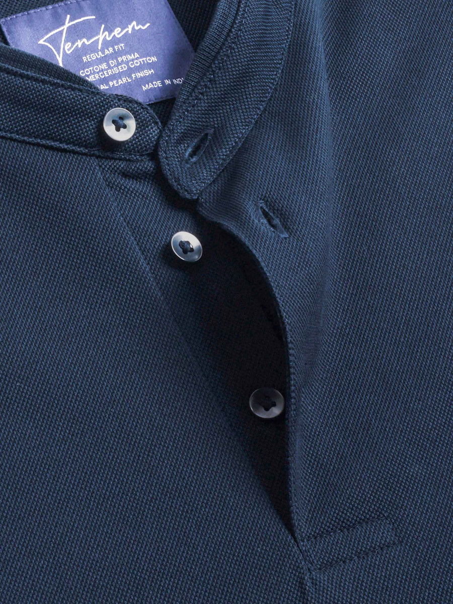 Vulcan Navy Mercerised Luxury Cotton Piqué Men's Regular Fit Polo Shirt with Band Collar