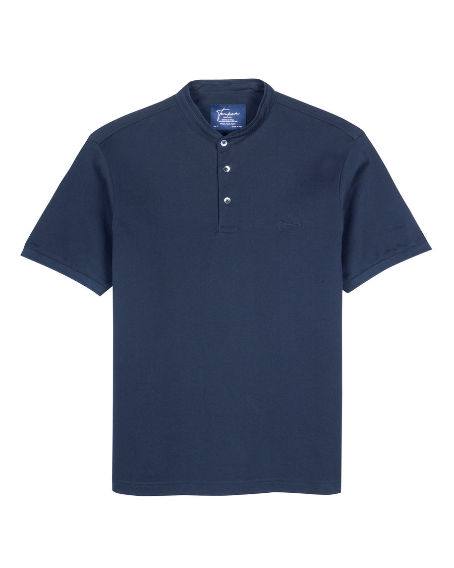 Midnight Navy Mercerised Premium Cotton Piqué Men's Regular Fit Polo Shirt with Stand Collar