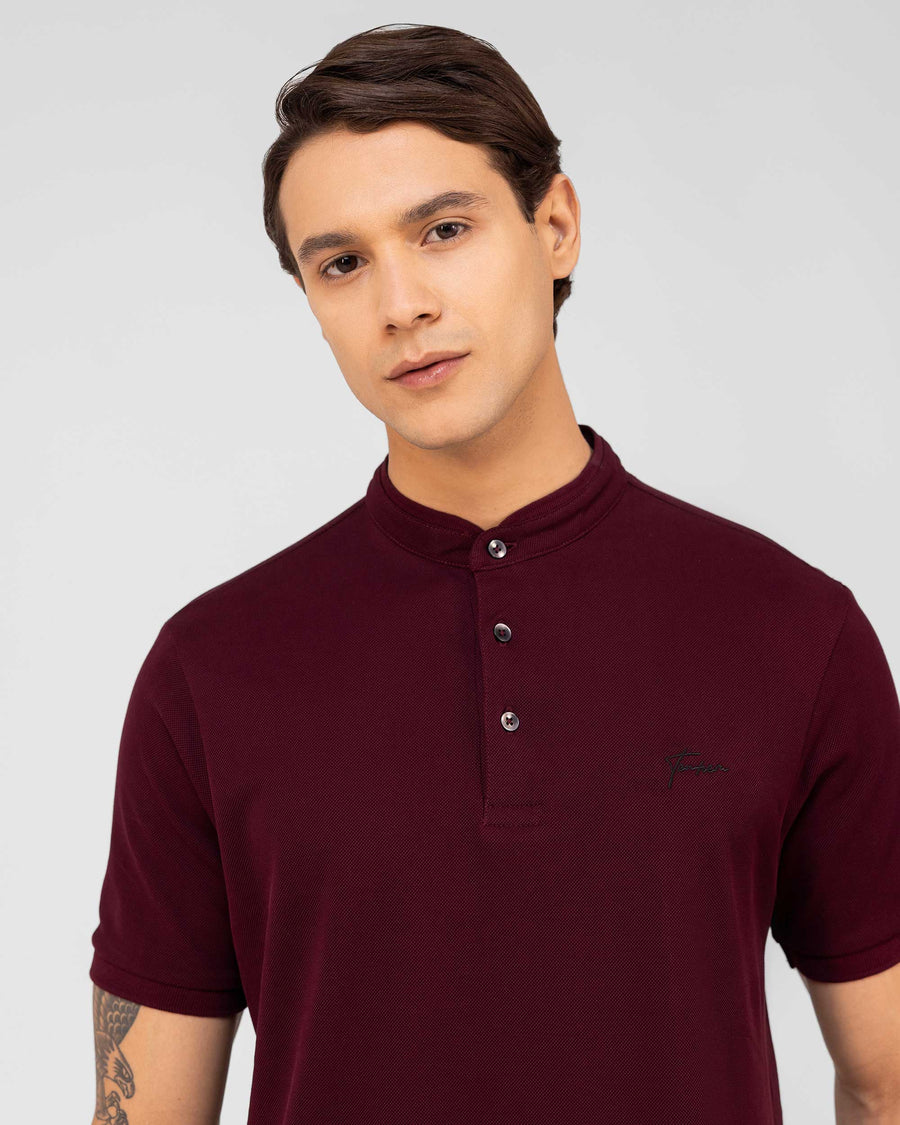 Berry Burgundy Mercerised Luxury Cotton Piqué Men's Regular Fit Polo T-Shirt with Mandarin Collar