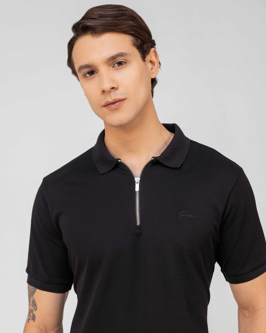 Black Jaguar Mercerised Premium Cotton Piqué Men's Regular Fit Polo Shirt with Metallic Half Zip