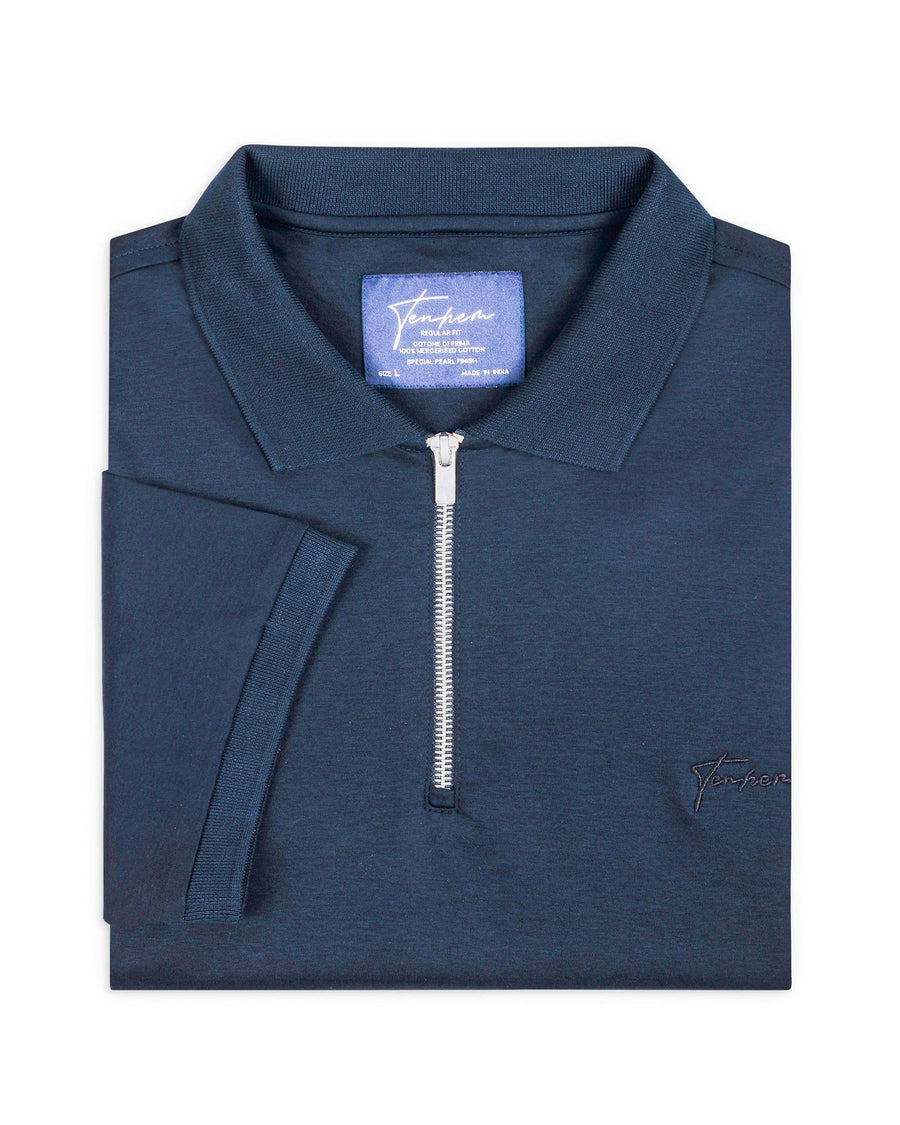 Midnight Navy Mercerised Luxury Cotton Interlock Men's Regular Fit Polo Shirt with Metallic Half Zip