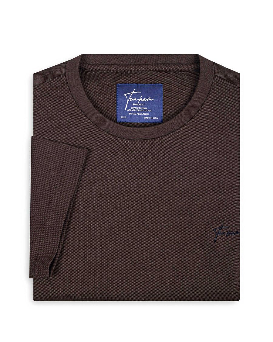 Choclate Brown Mercerised Premium Cotton Piqué Men's Regular Fit Round Neck T-Shirt