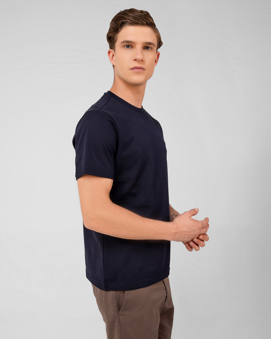 Dark Navy Mercerised Luxury Cotton Piqué Crew Neck T-Shirt