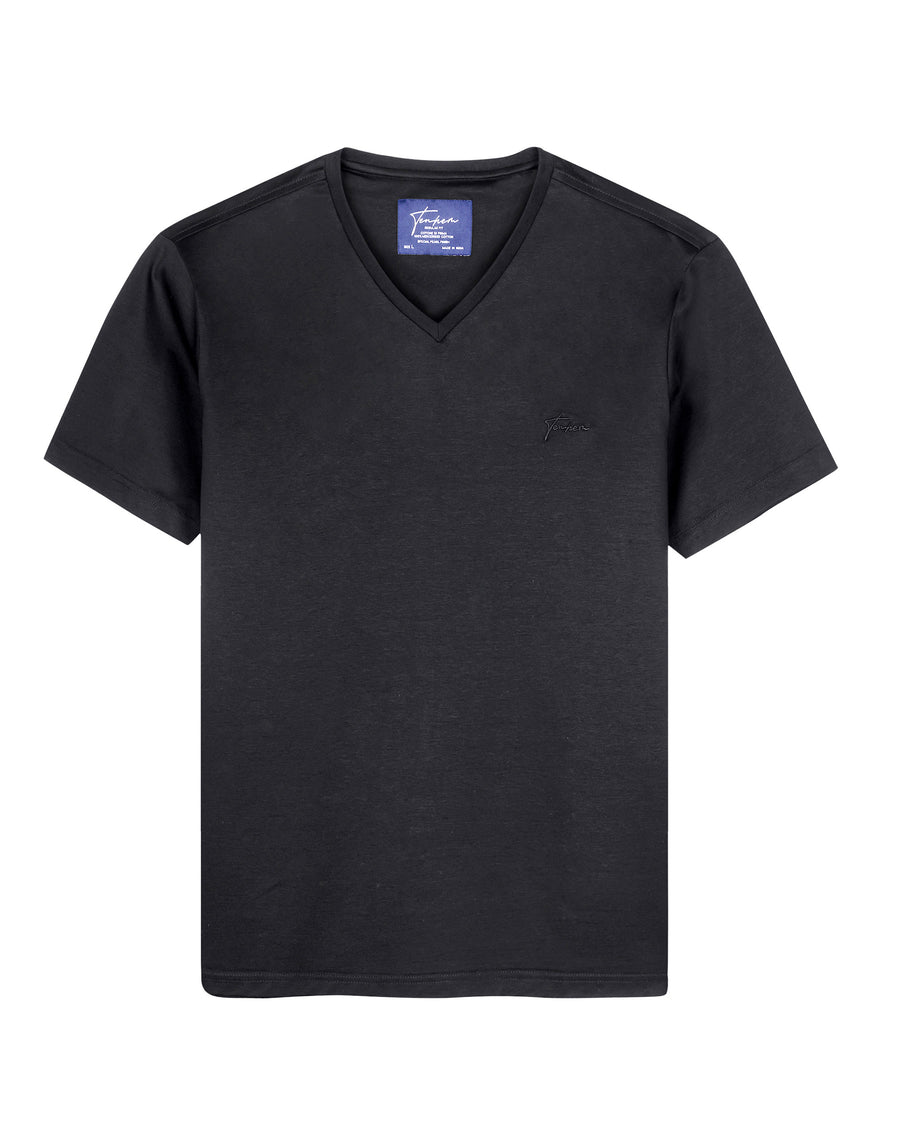 Midnight Black Mercerised Premium Cotton Interlock Men's Regular Fit T-Shirt with V Neck Front View