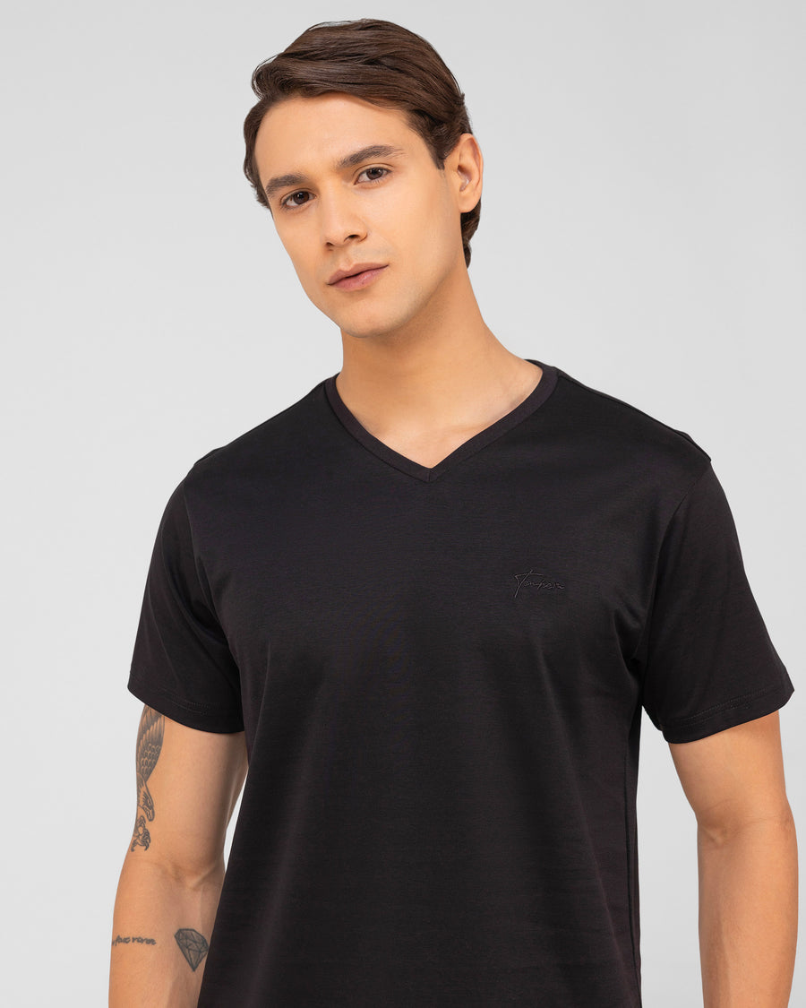 Coal Black Mercerised Luxury Cotton Interlock Men's Regular Fit V-Neck T-Shirt Front View