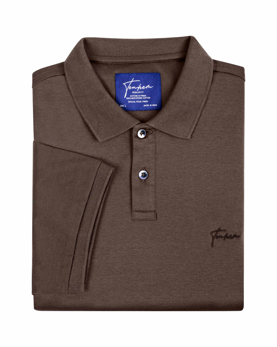 Brown Mercerised Luxury Cotton Interlock Men's Regular Fit Polo T-Shirt with Broad Placket