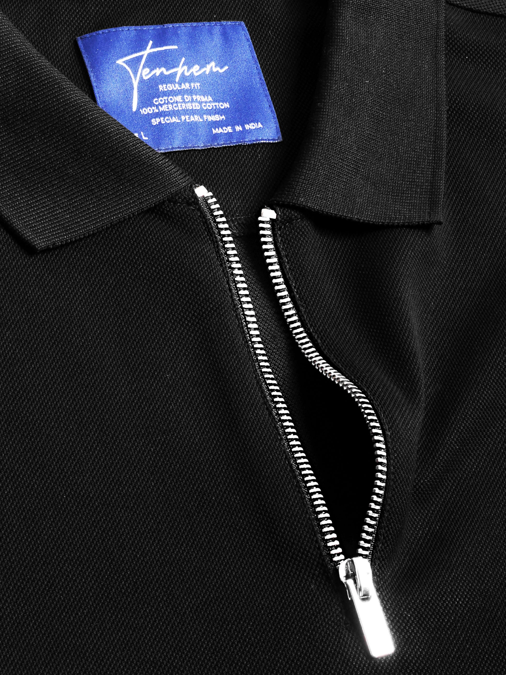Black mercerised cotton zipper polo t shirt for men with clean, structured fit Tenhem