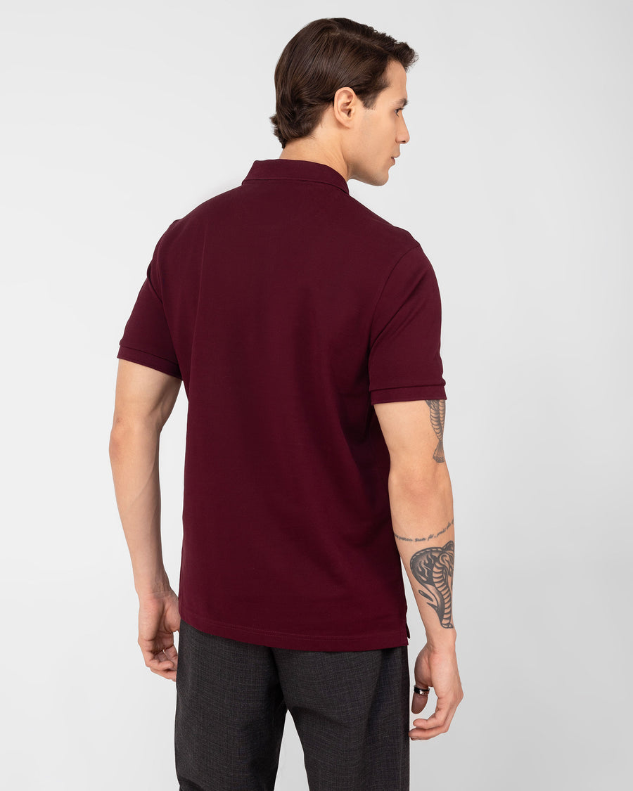 Merlot Burgundy Mercerised Premium Cotton Piqué Men's Regular Fit Polo Shirt with Solid Polo