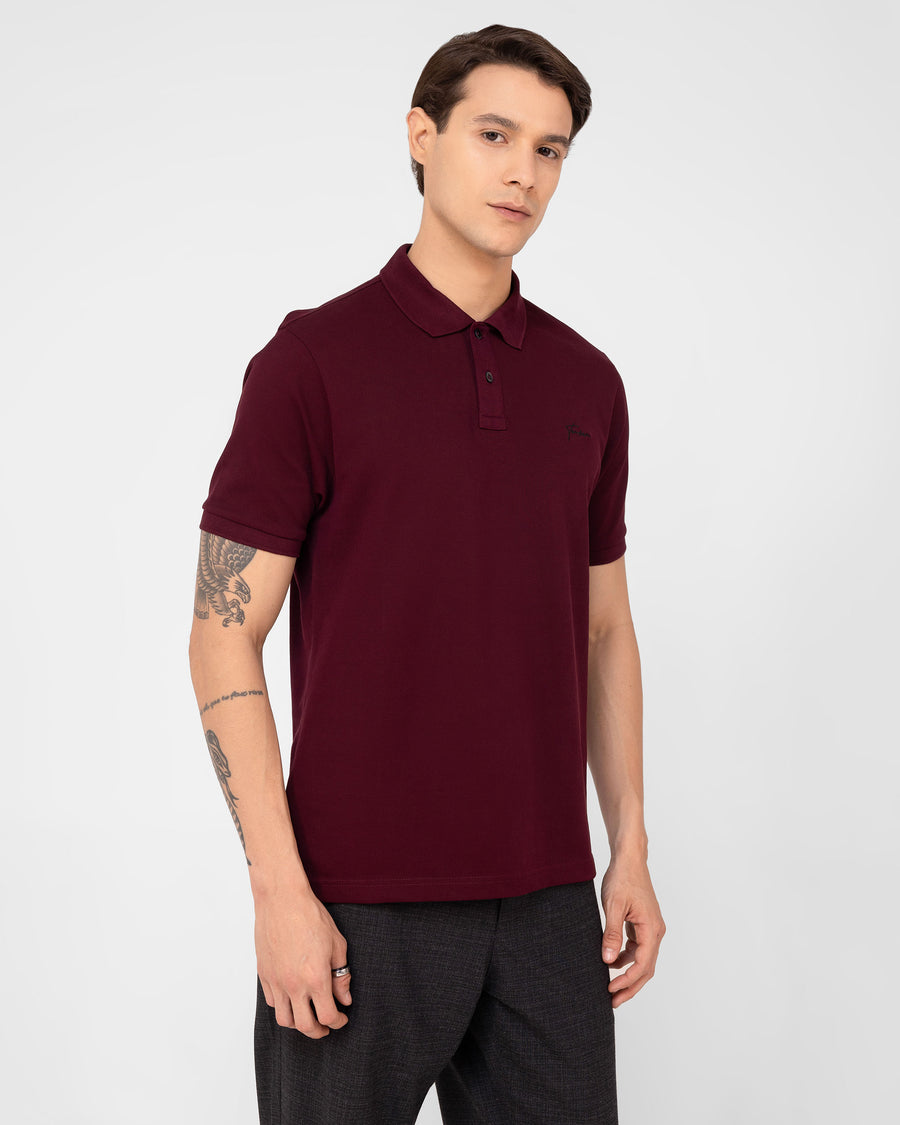 Burgundy Wine Mercerised Luxury Cotton Piqué Men's Regular Fit Polo Shirt with Broad Placket