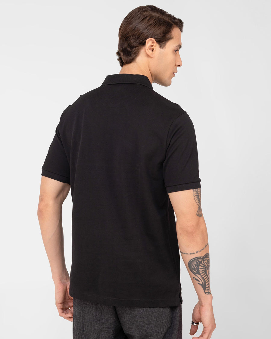 Onyx Black Mercerised Premium Cotton Piqué Men's Regular Fit Polo Shirt with Broad Placket Front View