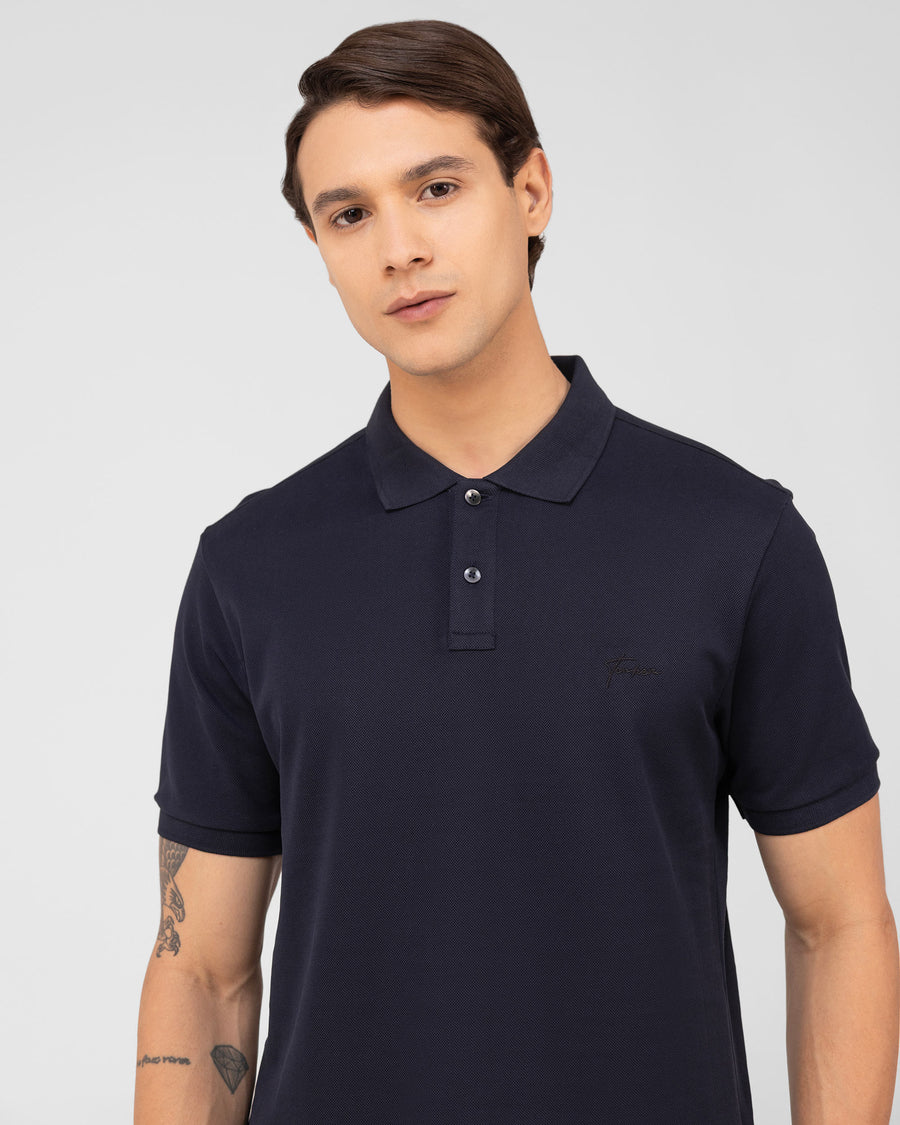 Midnight Navy Mercerised Luxury Cotton Piqué Men's Regular Fit Polo Shirt with Box Placket