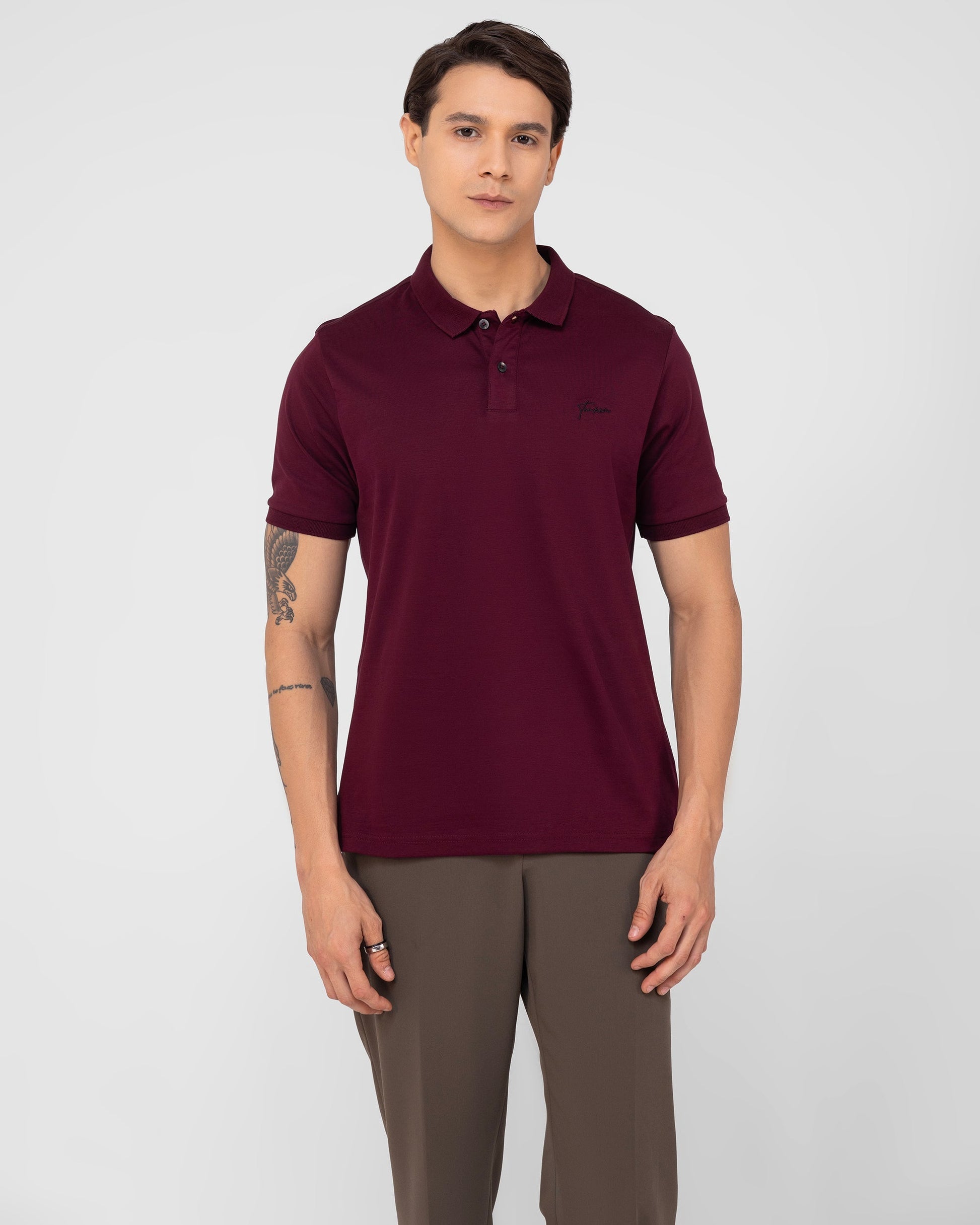 Luxury polo for men .Wine-coloured mercerised cotton interlock polo shirt with high-GSM quality Tenhem