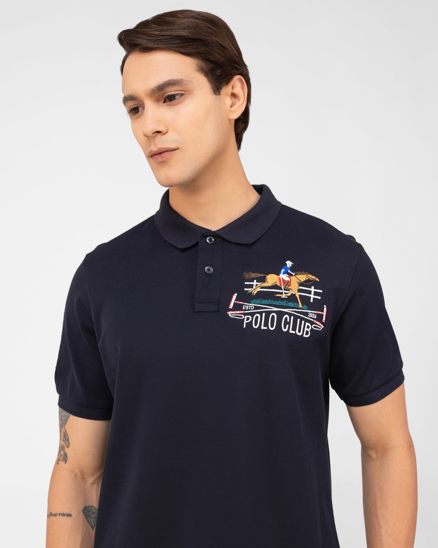 Mercerised cotton pique navy polo shirt for men featuring Cantermark emblem and timeless fit Tenhem