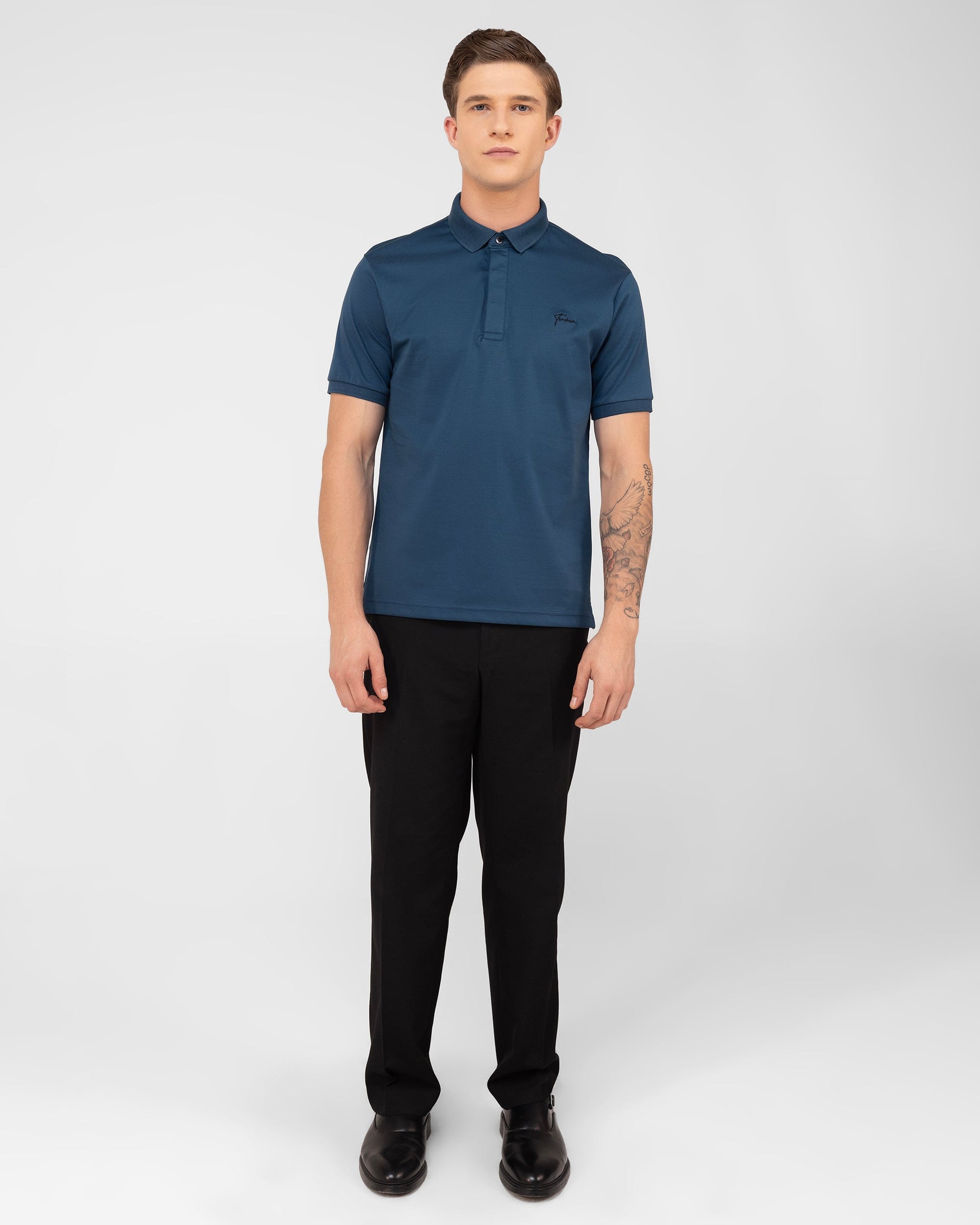 Classic teal polo shirt for men with refined texture in mercerised cotton interlock Tenhem