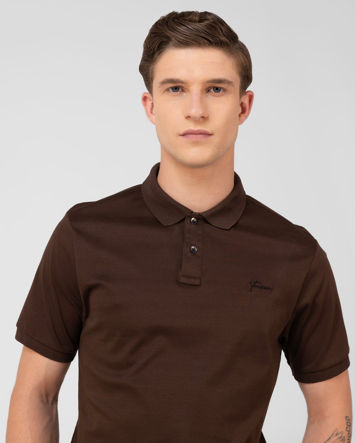 Regular fit brown polo shirt for men in soft mercerised cotton interlock Tenhem