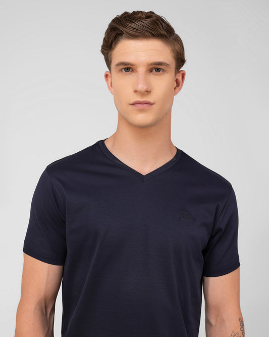 V-neck regular fit mercerised cotton t shirt for men in navy interlock knit Tenhem