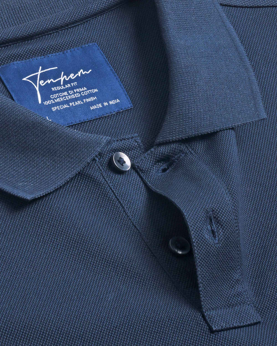Navy Mercerised Premium Cotton Piqué Men's Regular Fit Polo Shirt with Classic Placket