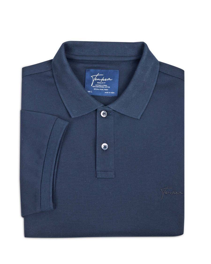 Vulcan Navy Mercerised Luxury Cotton Piqué Men's Regular Fit Polo T-Shirt with Broad Placket
