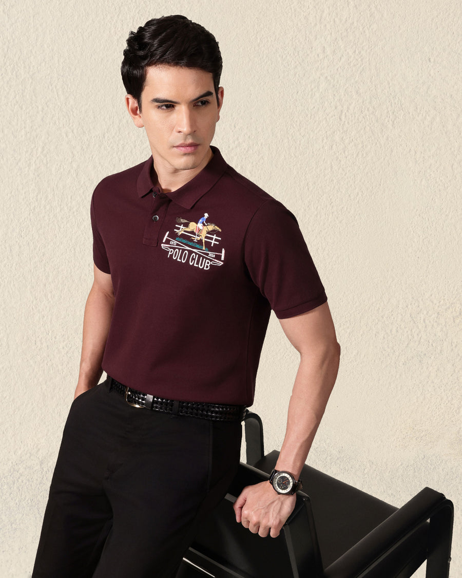 Burgundy Wine Mercerised Luxury Cotton Piqué Men's Regular Fit Embroidered Polo T-Shirt with Broad Placket
