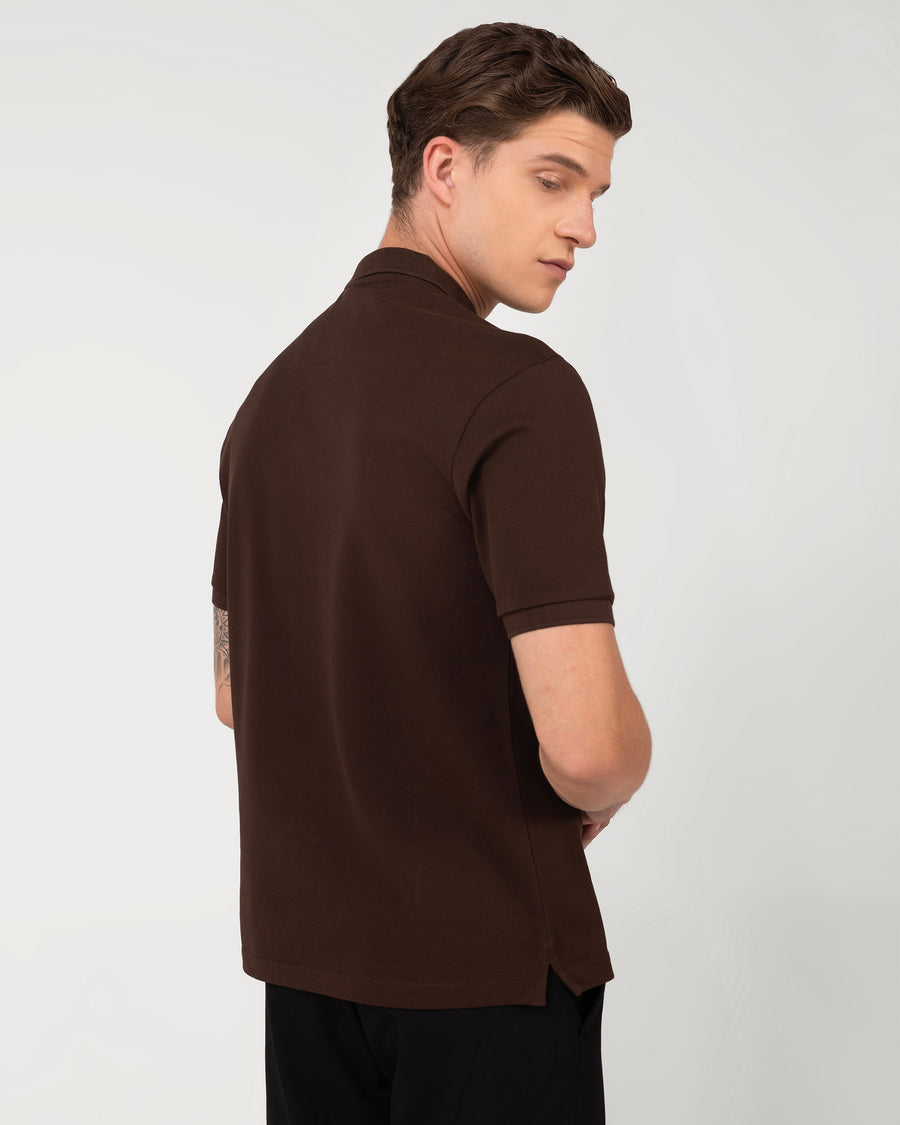 coffee Brown Mercerised Premium Cotton Piqué Men's Regular Fit Polo T-Shirt with Broad Placket

