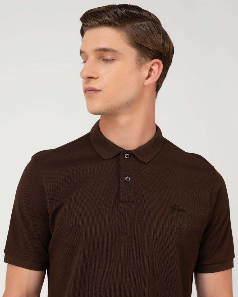 coffee Brown Mercerised Premium Cotton Piqué Men's Regular Fit Polo T-Shirt with Broad Placket

