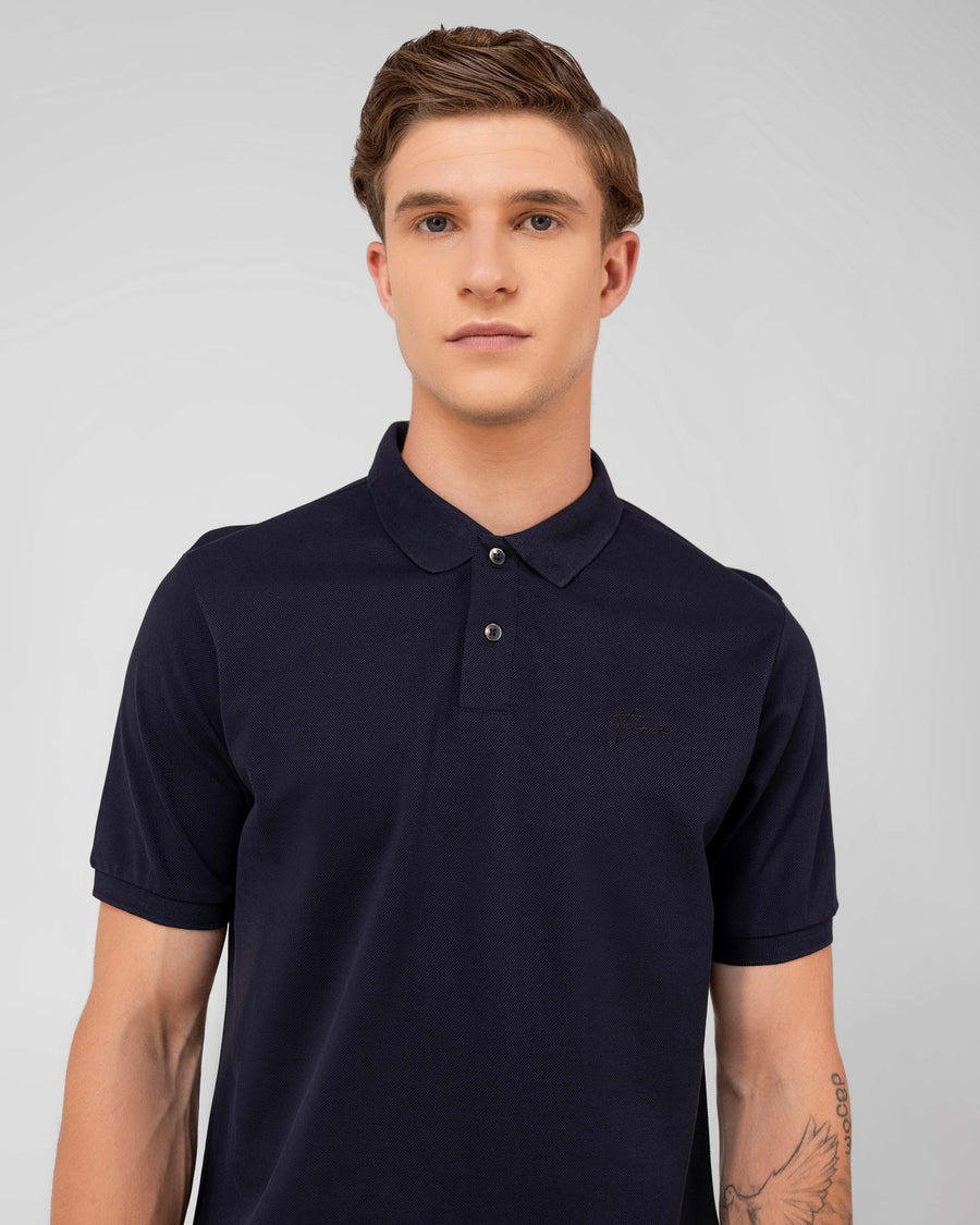 Aztec Navy Mercerised Luxury Cotton Piqué Men's Regular Fit Polo Shirt with Broad Placket

