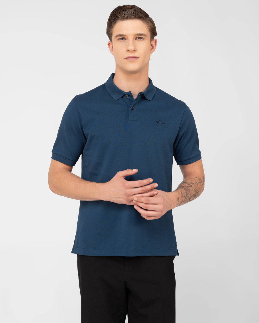 Petrol Blue Mercerised Premium Cotton Piqué Men's Regular Fit Polo T-Shirt with Solid Polo
