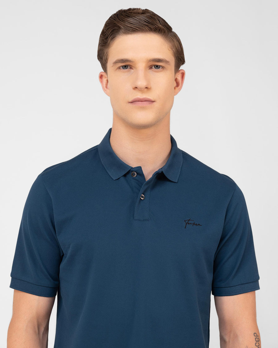 Teal Blue Mercerised Luxury Cotton Piqué Men's Regular Fit Polo T-Shirt with Broad Placket