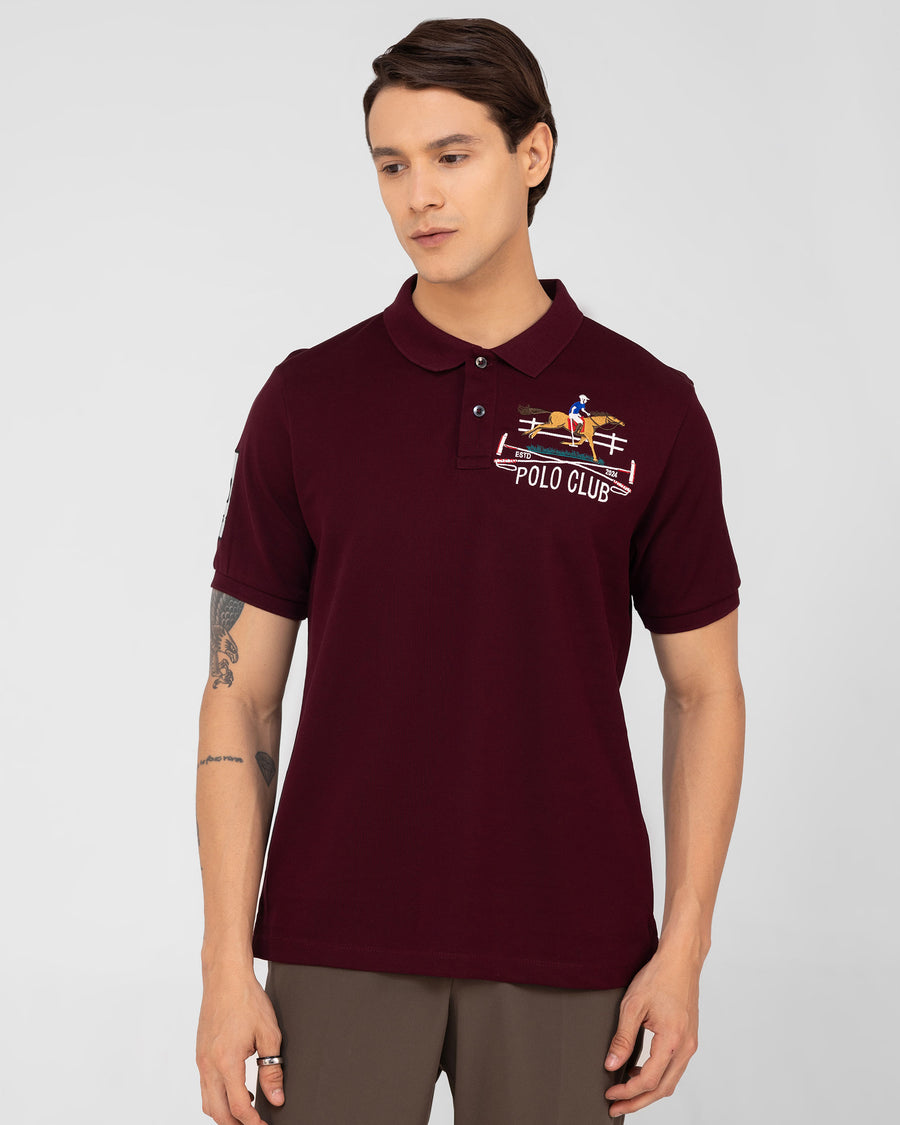 Cranberry Red Mercerised Luxury Cotton Piqué Men's Regular Fit Embroidered Polo Shirt with us polo style
