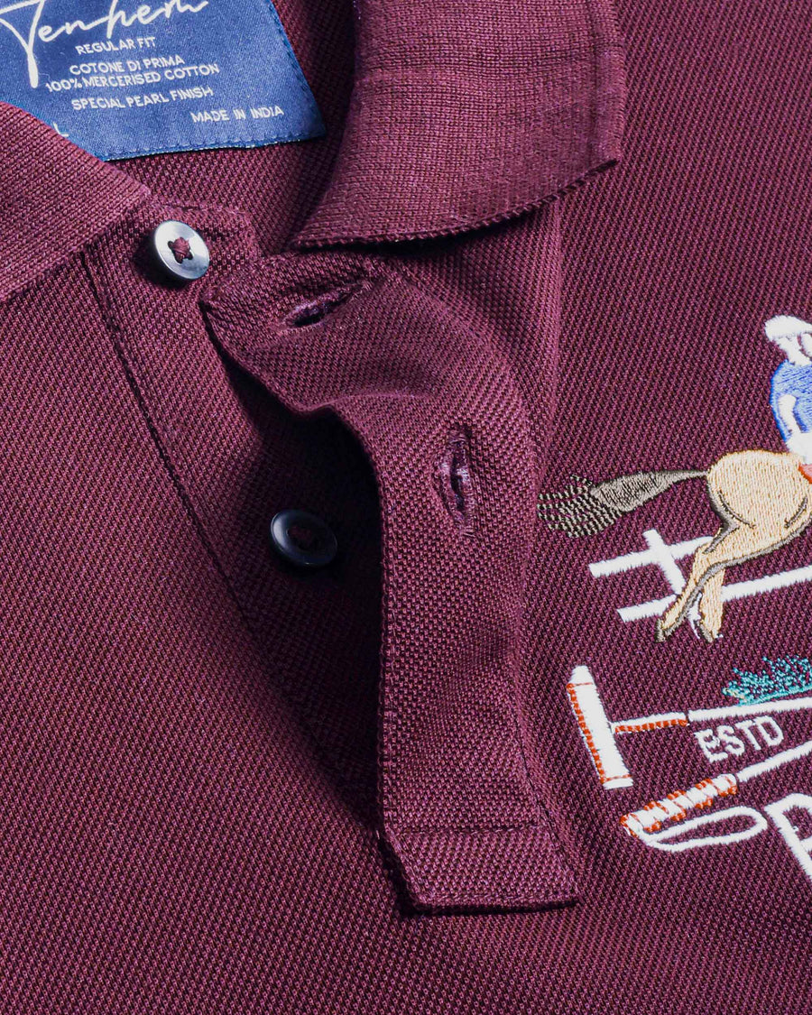 Berry Burgundy Mercerised Premium Cotton Piqué Men's Regular Fit Embroidered Polo T-Shirt with Classic Placket
