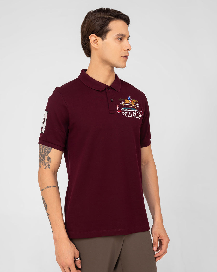 Cranberry Red Mercerised Luxury Cotton Piqué Men's Regular Fit Embroidered Polo Shirt with us polo style
