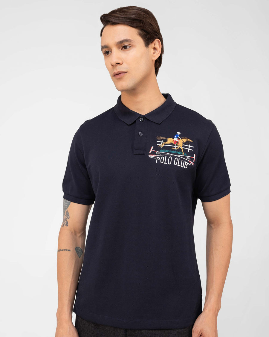 Navy Mercerised Premium Cotton Piqué Men's Regular Fit Embroidered Polo T-Shirt with Broad Placket