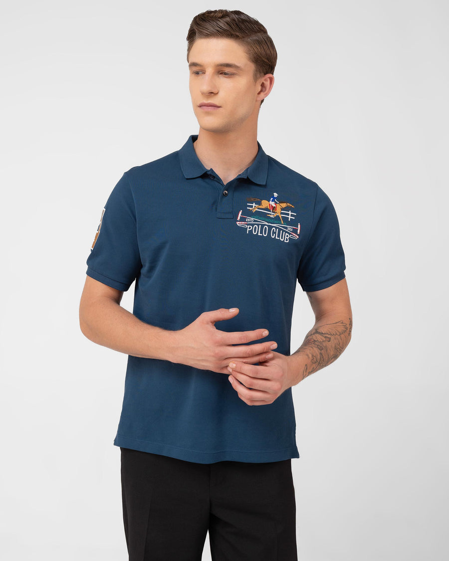 Teal Blue Mercerised Premium Cotton Piqué Men's Regular Fit Embroidered Polo Shirt with Broad Placket
