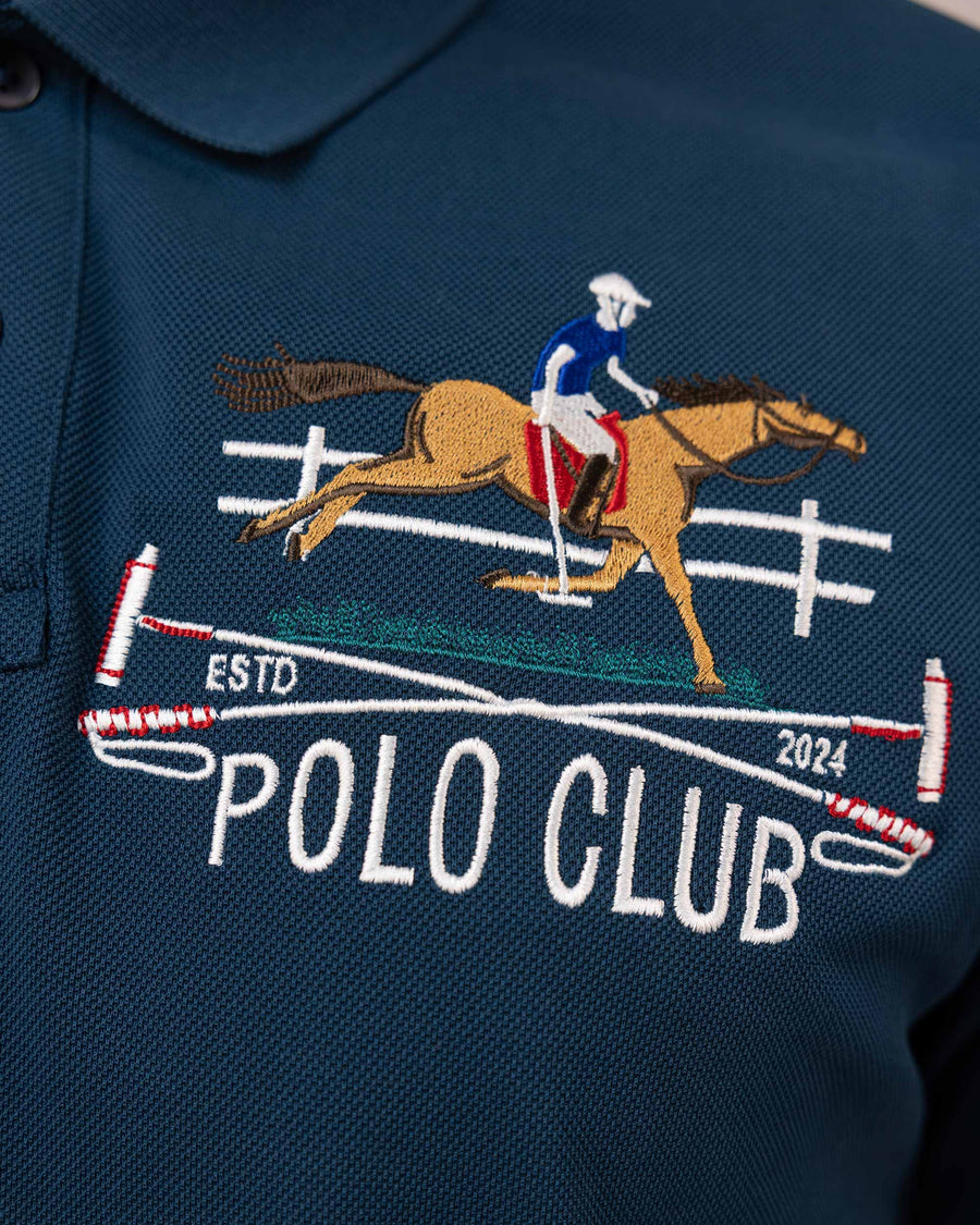 Petrol Blue Mercerised Luxury Cotton Piqué Men's Regular Fit Embroidered Polo Shirt with Solid Polo
